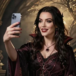 a woman,a vampire taking a sellfie