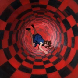 a young girl falling down a tunnel with a warping black and red checkerboard pattern by peter mohrbacher, vivid colors, matte painting, 8K, concept art, mystical color scheme, trending on artstation