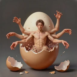 a perfect hyperrealist painting of an egg, and a human hatching out. the human has eight arms and each finger is as long as the whole egg. broken eggshell shrapnel is causing some trauma.
