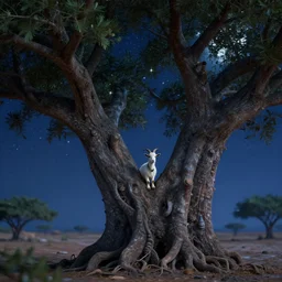 very very small goat, sitting on a gigantic banyan tree in moonlit socotra island by ilya kuvshinov, starry night, rtx rendering, octane render 1 2 8 k, maya, extreme high intricate details by tom bagshaw, medium shot, close up shot, composition by sana takeda, lighting by greg rutkowski