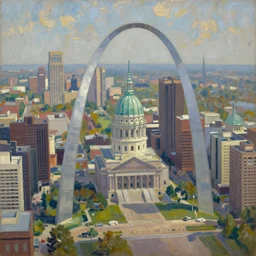 thick brush strokes, impressionist painting, beautiful aerial view of the st. louis arch, detailed