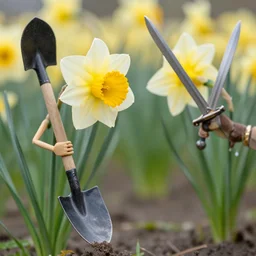 a daffodil with fangs and arms wields a shovel as if to attack the viewer, only to be defeated by another flower wielding a sword