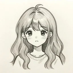 cute anime girl, sketch, wavy hair