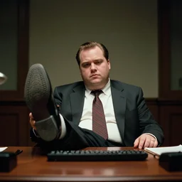 cinematic film still from 1994 film: portly clean-shaven white man wearing suit and necktie at his desk, holding his left foot up in the air, XF IQ4, f/1.4, ISO 200, 1/160s, 8K, RAW, dramatic lighting, symmetrical balance, in-frame