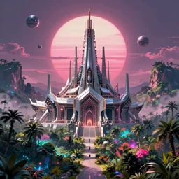 beautiful landscape, nier automata, protoss temple!!!, machine planet, pink sun, tropical forest, colorful light, advanced technology, cinematic lighting, highly detailed, masterpiece, art by bastien grivet and darwin cellis and jan urschel