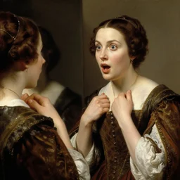 portrait by william adolphe bouguereau of pam beesly in medieval clothes looking at herreflection , surprised expression, pulling her clothes with her hands, detailed face