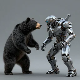 realistic illustration, black bear fighting a cyborg, ultrarealistic, cyberpunk style, intricate, symmetrical face concept art, octane render unreal engine meta humans, trending on artstation
