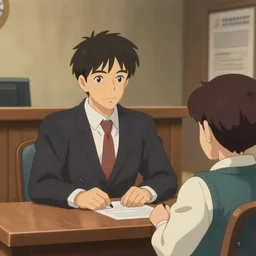Screenshot of Saul Goodman in a courtroom defending his client Shinji Ikari in the Better Call Saul anime, cinematic, highly detailed, style of Studio Ghibli, trending on Pixiv, 4K