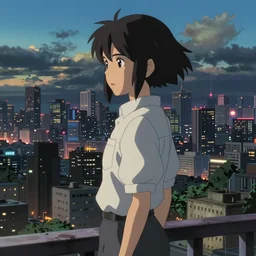 glitch ghost in the shell lain looking over the cityscape by makoto shinkai concept art by syd mead