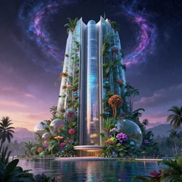 a beautiful ultradetailed highly detailed architecture consulate building by georgia o'keeffe, cosmic elysian made of glass junglepunk san andreas water at dusk at winter matte painting vaporwave postcyberpunk bioshock nightvision universe flowers rainforest, archdaily, wallpaper, highly detailed, trending on artstation.