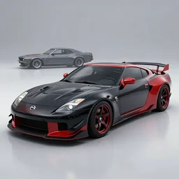 a sports car based on nissan, bmw and chevy sports car body styles, with black and red paint, nissan sports cars, chevy sports cars, trending on artstation, muscle car body style, unreal engine, studio lighting, hyper realistic, by jotaautomotive, nancorocks and khyzylsaleem