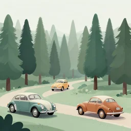 vintage cars in a forest, moebius style