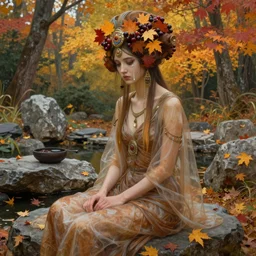 cyberpunk aztec goddess in a zen rock garden, by Peter Kemp, by Artgerm, autumn, glamorous hairstyle, vermont fall colors, wearing translucent earthtone fashion, sad, Autumn, art nouveau by Brian Froud, frozen tear, berries, by Alphonse Mucha, highly detailed concept painting with cinematic lighting, trending on art station