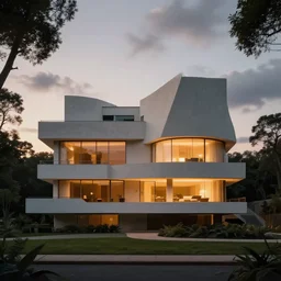 a luxurious house, brutalist architecture, ( le corbusier ), glowing lights, trees, daytime, cloudy sky, sunset, epic lighting, subtle colors, concept art, detailed illustration, centered, hd, 4 k, photorealistic, digital art, by ninian carter, trending on artstation