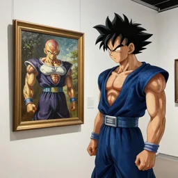 char aznable at art gallary looking at a oil painting of garma zabi, detailed,fantasy