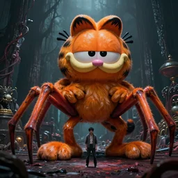 a giant evil garfield with spider legs!!!, lovecraftian horror by greg rutkowski, stanley artgerm lau and jason chan, highly detailed, cinematic lighting, octane render, unreal engine lumen, very coherent. cinematic, hyper realism, high detail, octane render, 8 k