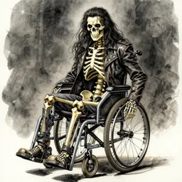 portrait, A long haired biker skeleton in a wheelchair, watercolor, dramatic lighting, cinematic, establishing shot, extremely high detail, foto realistic, cinematic lighting, pen and ink, intricate line drawings, by Yoshitaka Amano, Ruan Jia, Kentaro Miura, Artgerm, post processed, concept art, artstation, matte painting, style by eddie mendoza, raphael lacoste, alex ross