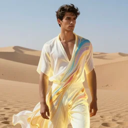 full figure beautiful young fit dark skin man, dressed with multicolored fluent clothes, luminous scene, by greg rutkowski and alphonse mucha, d & d character, gradient white to gold, in front of a dune desert background, highly detailed portrait, digital painting, artstation, concept art, smooth, sharp focus illustration, artstation hq