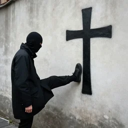 a man in a black mask rests his foot against a wall, with a black christian cross graffiti on the wall, highly detailed, by ilya kuvshinov, greg rutkowski and makoto shinkai, trending on artstation