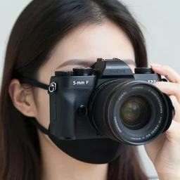close up photo 1 0 5 mm f 2. 8 of a beautiful!!!! woman wearing a camera mask