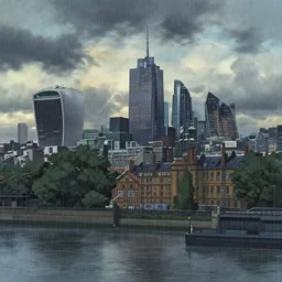 cityscape, dreary, london, skyline, rain, anime art by studio ghibli
