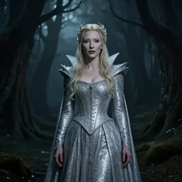 portrait of ((mischievous)), baleful Cate Blanchett as Galadriel as a queen of fairies, dressed in a beautiful silver dress. The background is a dark, creepy eastern europen forrest.  night, horroristic shadows, high contrasts, lumnious, (mist filters), theatrical, character concept art by ruan jia, thomas kinkade, and J.Dickenson, trending on Artstation