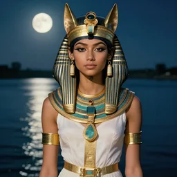 zendaya as the Egyptian goddess bast, a beautiful art nouveau portrait by Gil elvgren, Nile river moonlight environment , centered composition, defined features, golden ratio, gold jewlery, photorealistic professional lighting, cinematic