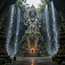 The temple of the gods of nature, intricate details, vast open interior, amazing and tall waterfalls, dramatic lighting, digital art, trending on Artstation, dark, hyper-realistic, detailed