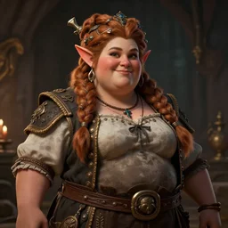 Portrait | chubby plump female dwarven cook| complex cooking outfit | complex adorned braided hair | style by greg rutkowski, larry elmore, john willian waterhouse | dramatic light | high detail | cinematic lighting | artstation |shorty broad fat woman| happy hearty expression | dungeons and dragons |