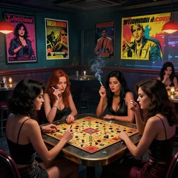 women in the interior of a cyberpunk pub, Greg Rutkowski, Milo Manara, night time, smoking cigarettes, playing board games, highly detailed, Quentin Tarantino movie posters, pulp fiction, level design, concept art, artstation, cgsociety, zenith view
