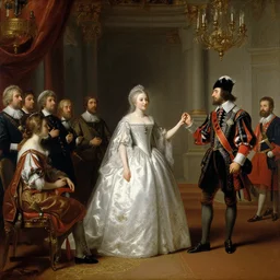 a oil painting of a spanish princess marrying a german prince in a grand ceremony, painted in 1 8 5 4, highly detailed, romanticism, neoclassical, hyperrealistic