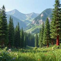 a beautiful and highly detailed matte painting of an epic lush mountain range stretching into the distance, fir trees, pine trees, redwood trees, flowers, tall grass, rivers, streams, waterfalls, a lake in the distance, intricate details, epic scale, insanely complex, 8 k, sharp focus, hyperrealism, very realistic, by caspar friedrich, albert bierstadt, greg rutowski, james gurney, zeen chin,