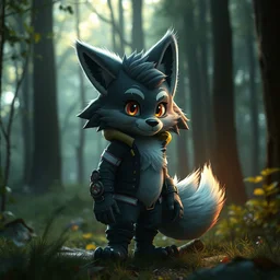 a cyberpunk furry fursona with a fluffy tail in a forest, backlighting, cgi, rendered in unreal engine, trending on artstation, cartoon
