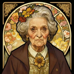flowerpunk portrait of a fierce old matriarch by paul lehr, beksinski, alphonse mucha