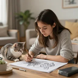 a girl drawing beside cat, living room, intricate, bokeh, medium shot masterpiece, cg society, artstation, coherent, octane render, comic book