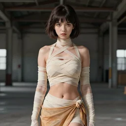 A young woman with short dark hair, full body pin up modelling in gauze bandages, cloth wraps, sarong, serious expression, empty warehouse background, detailed face, digital anime art, by Hayao Miyazaki