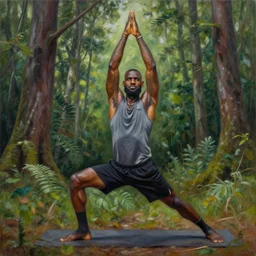 lebron james doing yoga in the forest, oil on canvas, intricate, 8 k highly professionally detailed, hdr, cgsociety