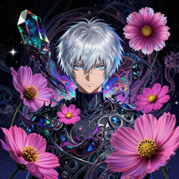 rei ayanami, deep space, seascape, grimes, lain iwakura, silver hair, masterpiece by shikinami asuka langley, card captor sakura, usagi, cosmos, psychedelic flowers, black opal, rainbow aura quartz, organic, oni compound artwork, of character, render, artstation, portrait, wizard, beeple, art, fantasy, epcot, psychedelic glitch