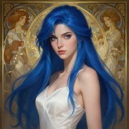 tall girl, blue hair, white dress, long hair, wonderful eyes, deep focus, d & d, fantasy, sophisticated, elegant, high detail, digital painting, artstation, concept art, matte, clear focus, illustration, hearthstone, works by artgerm, peter murbacher, boris vallejo, jessica rossier, by greg rutkowski and alphonse mucha, rtx reflection