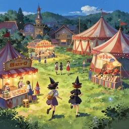 young witches running around exploring small town carnival amusement, food stalls, big top circus tent, highly detailed, magical, japan, digital painting, concept art, matte, art by ruan jia and wlop and greg rutkowski and makoto shinkai, masterpiece