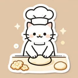 cat wearing chefs hat kneading dough making biscuits sticker, line art