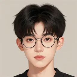 portrait of a cute young man with black hair and round glasses, heart shaped head, detailed face, clean shaven, androgynous, round gucci glasses, elegant digital art by lise deharme, trending on artstation