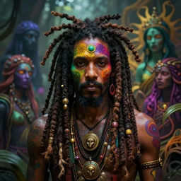 portrait of fearless jamaican rasta warrior with flowing dreadlocks, surrounded by spirit of ganja. afrogoth intricate digital matte painting concept art, warpaint aesthetic, colorful, psychedelic, beautifully backlit, subtle tones, sharp focus, cinematic aesthetic octane render, volumetric lighting, by edmund leighton, james jean, ross tran and artgerm