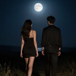 a couple leaving together in the night, the woman is sexy, walking towards the full moon, cinematic lighting, wow, establishing shot