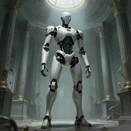 low angle shot of a cyberpunk robot character inside a chernobyl room, intricate, elegant, highly detailed, centered, digital painting, artstation, concept art, smooth, sharp focus, illustration, artgerm, tomasz alen kopera, peter mohrbacher, donato giancola, joseph christian leyendecker, wlop, boris vallejo