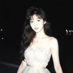 canaletto painting of an anime woman, direct flash photography at night, film grain