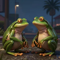 two frogs in love in gta san andreas, cinematic shot, 4 k, night time
