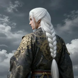 portrait, fujin, japanese god of wind, long braided white hair, mk 1 1, dramatic, very detailed, ornate, sky, clouds, 8 k, octane render, william bouguereau, rossdraws, greg rutkowski