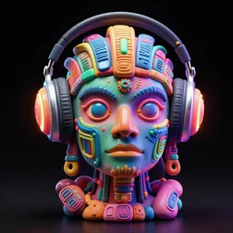 a glossy claymodel of a steampunk aztec futurism robot head with glowing headphones, 8 k, symetrical, flourescent colors, halluzinogenic, multicolored, very detailed, black background, 3 d render,