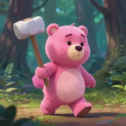 pink chocolate teddy bear walking in a forest in the croods movie style, holding a large white hammer, anime, disney, pixar, 8 k, hd, dof, kodak film, volumetric lighting, subsurface scattering, photorealistic, octane render, details